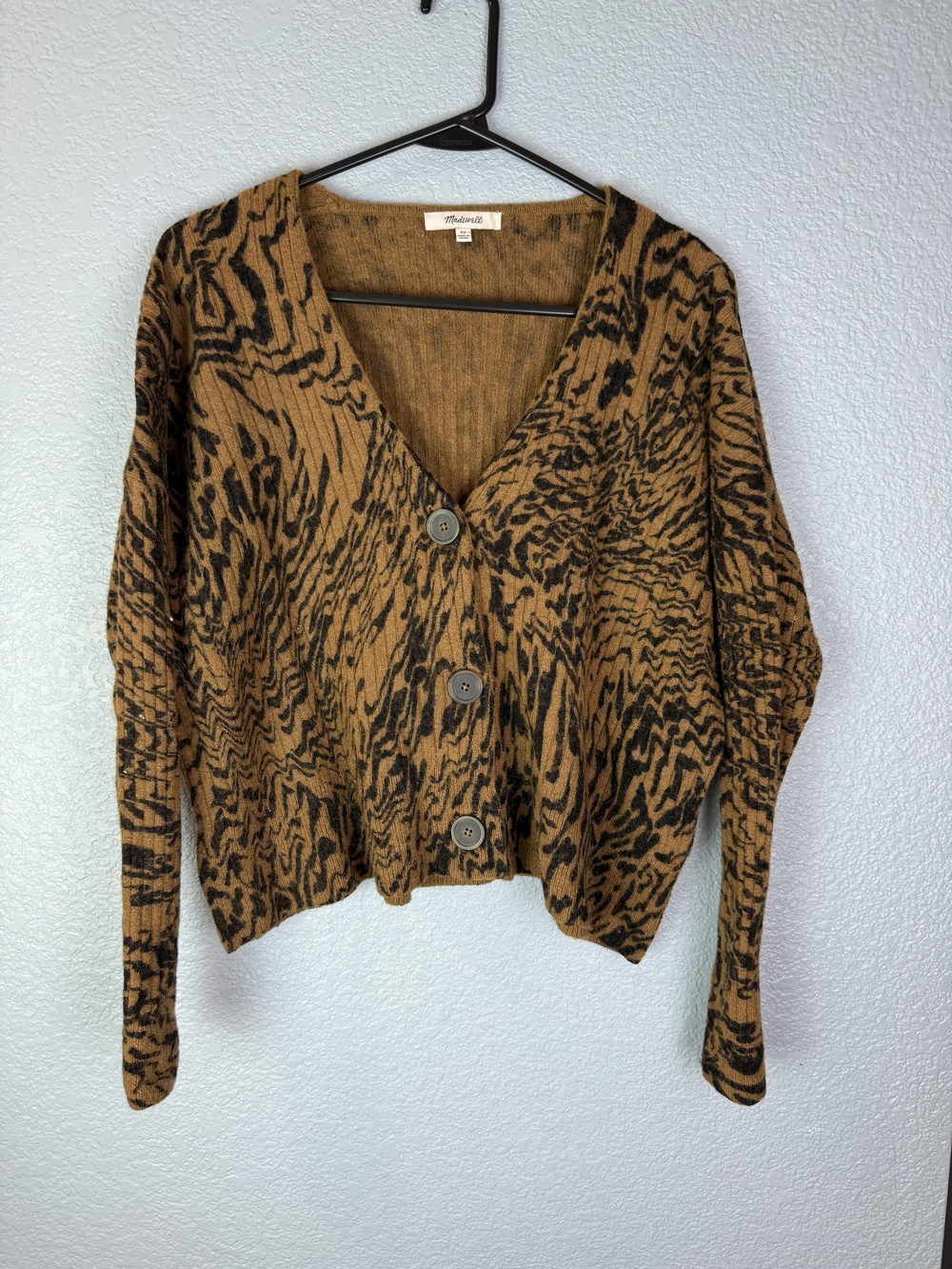 Madewell Sweater Womens XS Brown Black Animal Print Button Cardigan Alpaca Wool